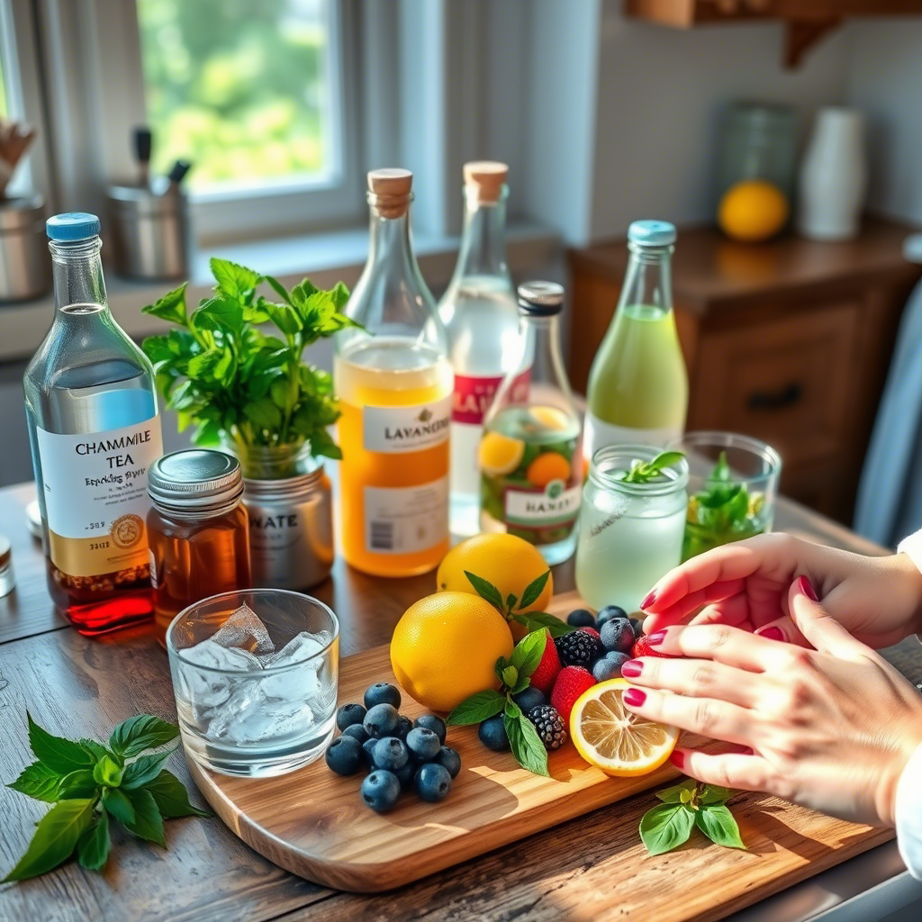 A variety of ingredients for Relaxing Non-Alcoholic Cocktails, including fresh lemons, berries, mint, and sparkling beverages on a wooden table.