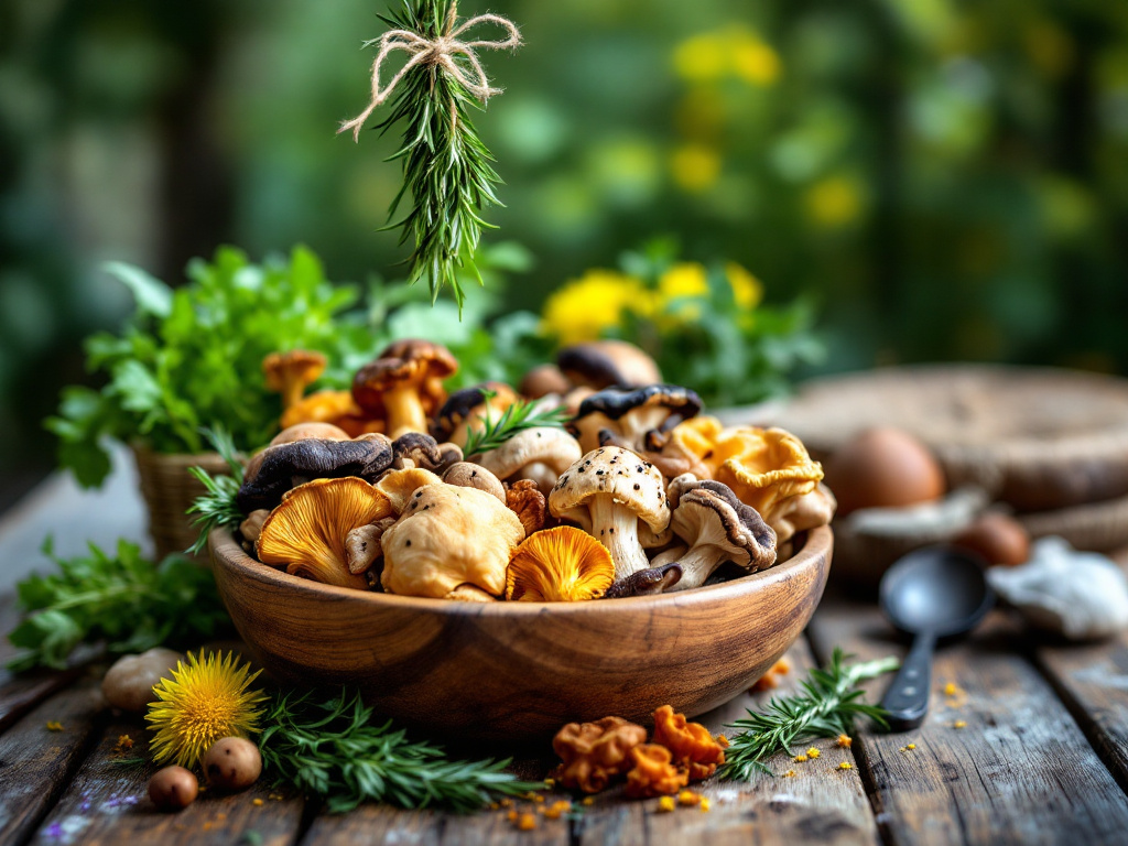 An illustration showcasing a variety of foraged wild ingredients such as mushrooms, berries, and greens, arranged around a rustic wooden table with seven easy-to-make meals.