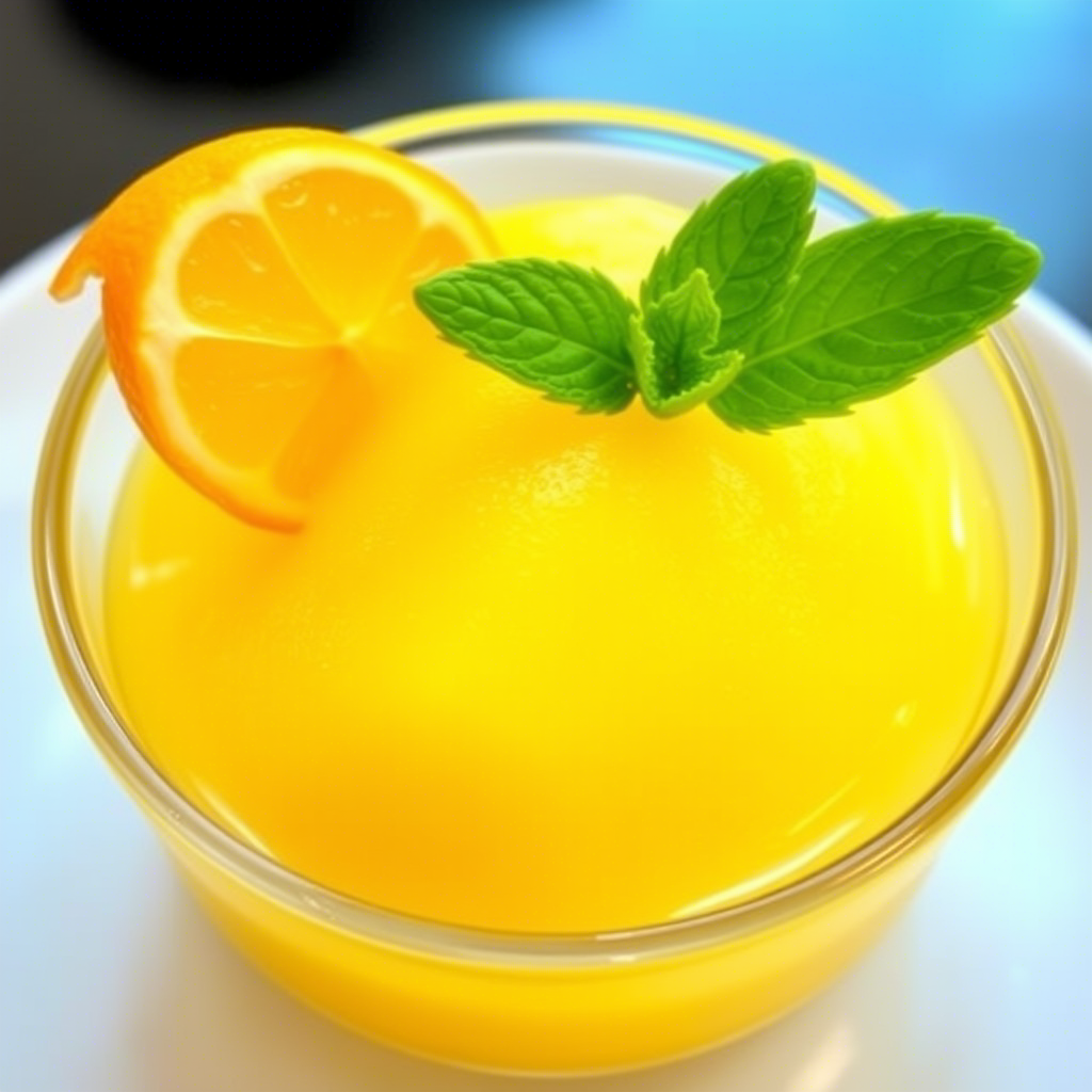 A glass of yuzu-infused beverage garnished with an orange slice and mint leaves, highlighting the use of yuzu fruit in Asian-inspired dishes.