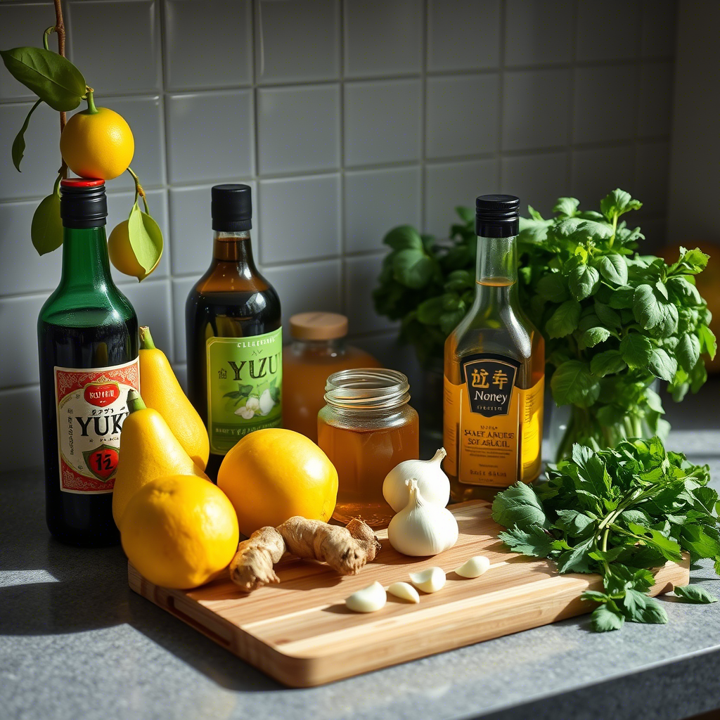 A collection of fresh ingredients and condiments for preparing Yuzu Fruit in Asian-Inspired Dishes, including Yuzu fruit, ginger, garlic, and herbs.