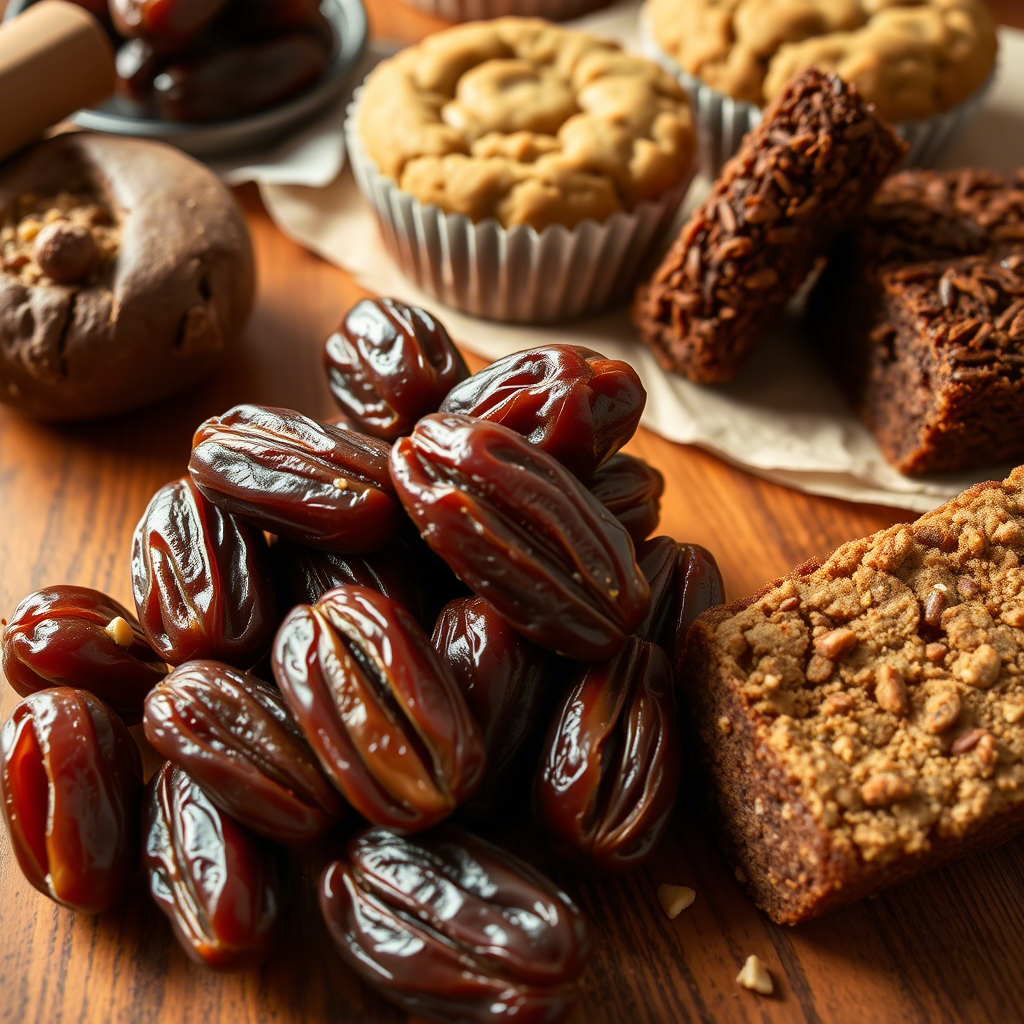 A baking scene featuring six different baked goods made with dates as a natural sweetener, showcasing the warmth and health benefits of natural ingredients.