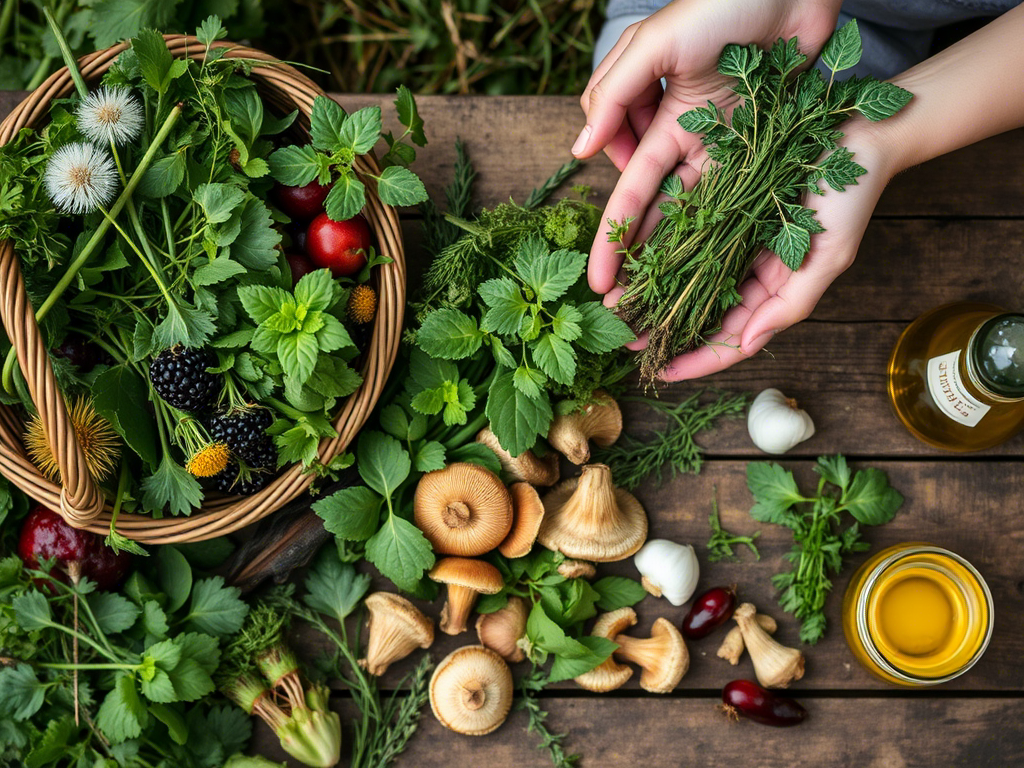 A close-up image of hands holding a bunch of freshly foraged greens, surrounded by a variety of wild ingredients such as mushrooms, berries, and herbs, all arranged on a rustic wooden table.