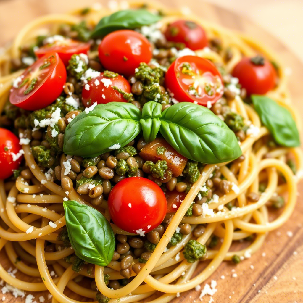 A plate of lentil pasta with pesto, cherry tomatoes, and fresh basil, highlighting one of the many Alternative Pasta Recipes available.