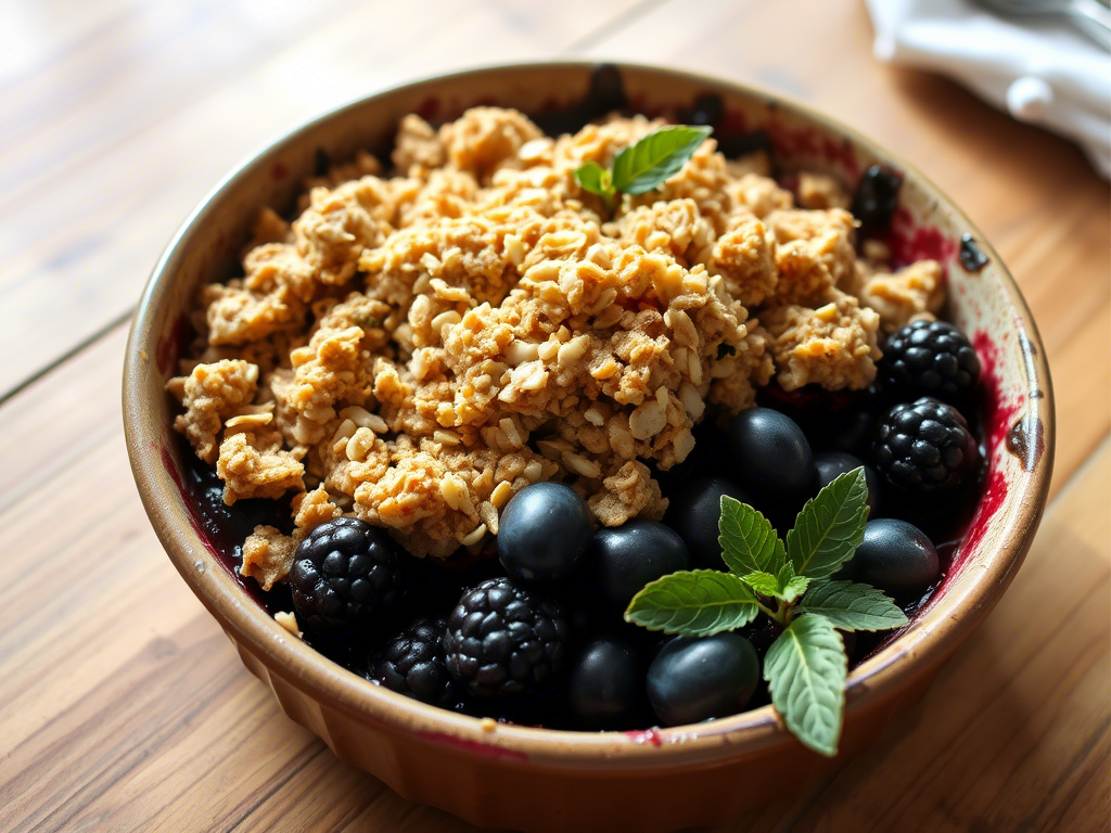 A bowl of berry crumble made with foraged wild berries, topped with a golden crumble and garnished with fresh mint leaves.