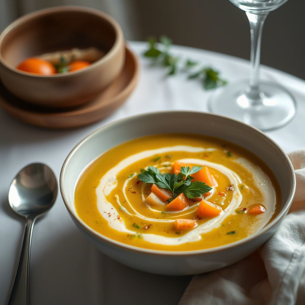 A bowl of carrot and ginger soup garnished with fresh herbs, showcasing anti-inflammatory cuisine with local ingredients.