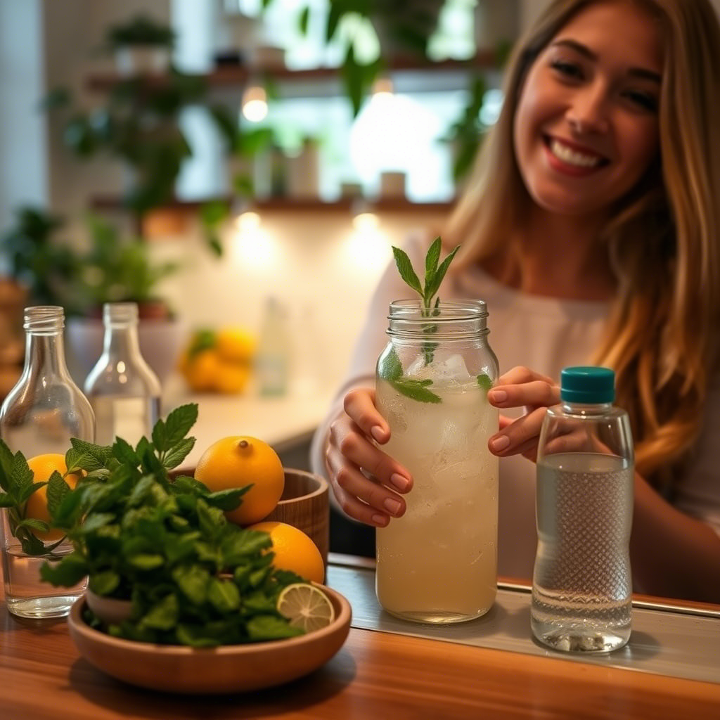  A woman enjoying a refreshing Relaxing Non-Alcoholic Cocktails garnished with mint leaves, surrounded by fresh lemons and mint.