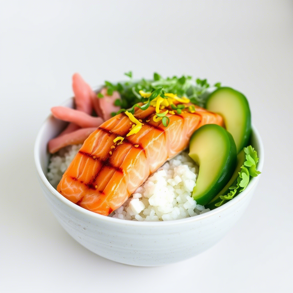 A bowl of yuzu-glazed salmon served over rice with cucumber slices and pickled radishes, showcasing the use of yuzu fruit in Asian-inspired dishes.