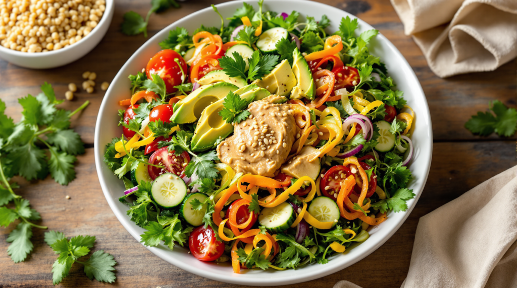 A colorful salad featuring a variety of fresh vegetables, avocado, and a creamy dressing, showcasing Healthy Recipes with Microgreens.