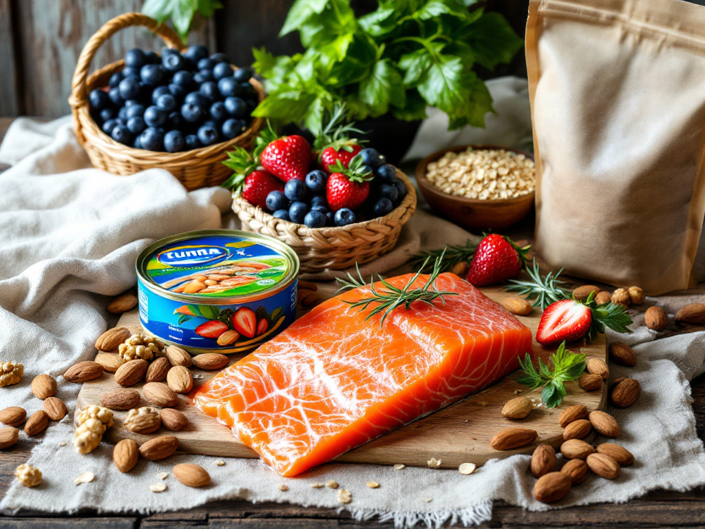 A vibrant display of essential ingredients for Recipes for Cognitive Health, including fatty fish like salmon and tuna, nuts such as walnuts and almonds, berries like blueberries and strawberries, whole grains including oats and quinoa, leafy greens like spinach and kale, and healthy fats such as olive oil and avocado.