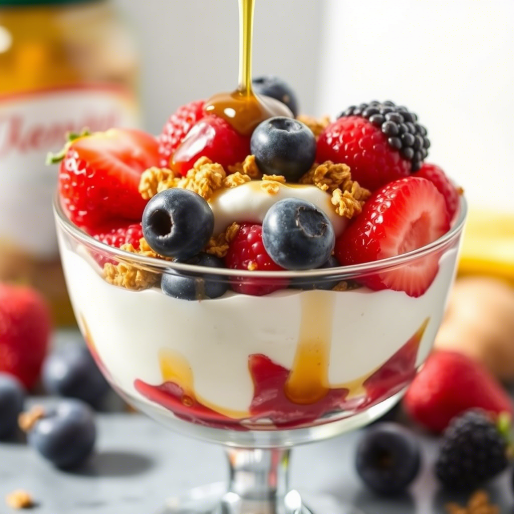 A glass filled with layers of yogurt, mixed berries, granola, and honey, showcasing a delicious Nordic diet recipe.