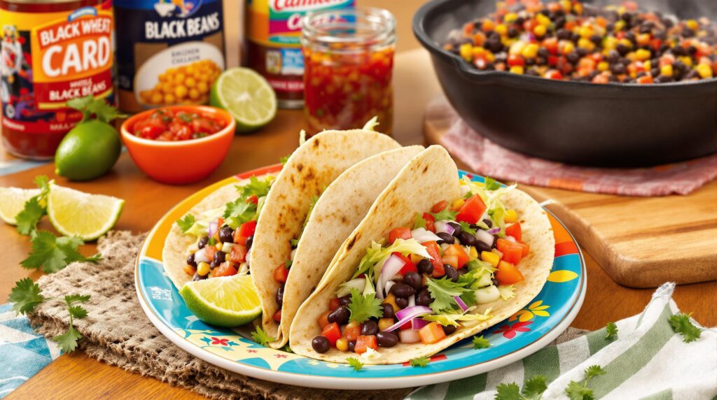 Three tacos filled with a mix of black beans, corn, tomatoes, red onion, and cilantro, served with limes and salsa, with canned ingredients like black beans and tomato sauce visible in the background.