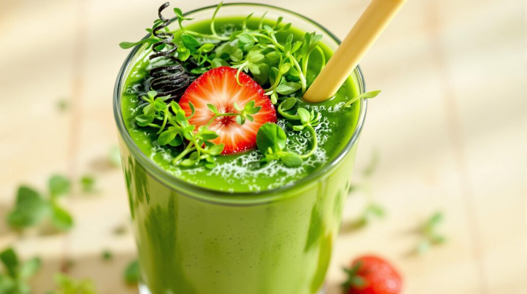 A refreshing green smoothie topped with fresh microgreens and a strawberry, showcasing Healthy Recipes with Microgreens.