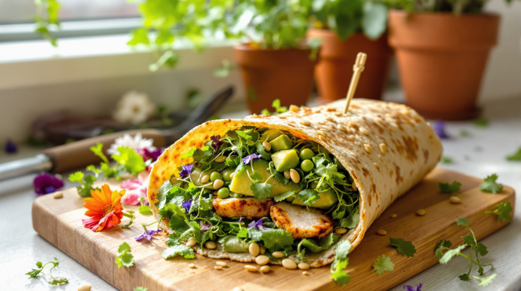 A delicious wrap filled with fresh microgreens, avocado, and other nutritious ingredients, showcasing Healthy Recipes with Microgreens.