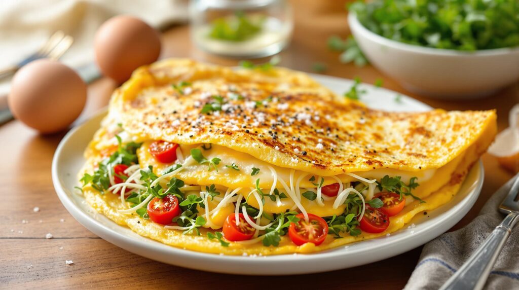 A delicious omelette filled with fresh microgreens, cherry tomatoes, and cheese, showcasing Healthy Recipes with Microgreens.