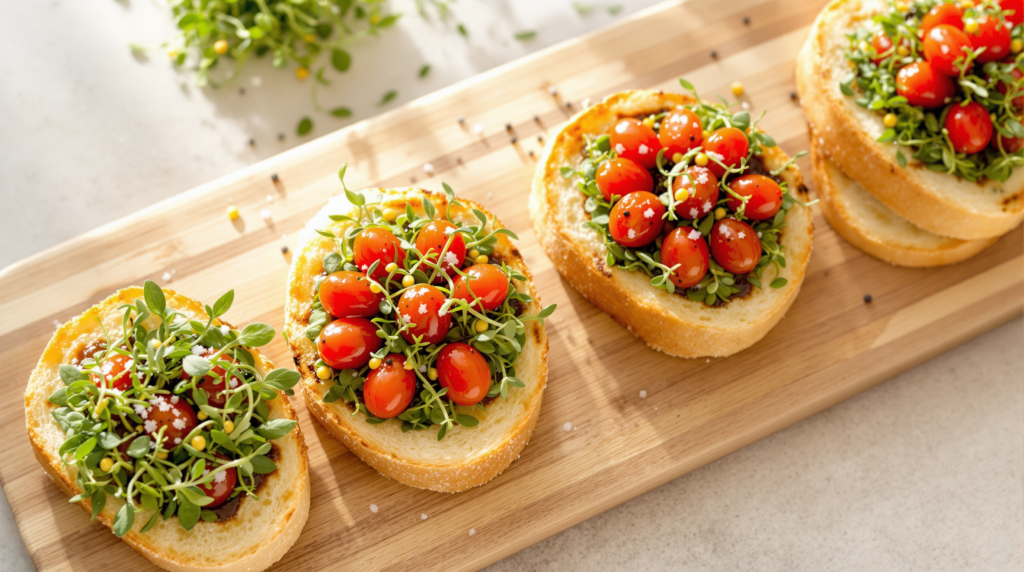 Delicious bruschetta topped with fresh microgreens, cherry tomatoes, and a drizzle of balsamic vinegar, showcasing Healthy Recipes with Microgreens.