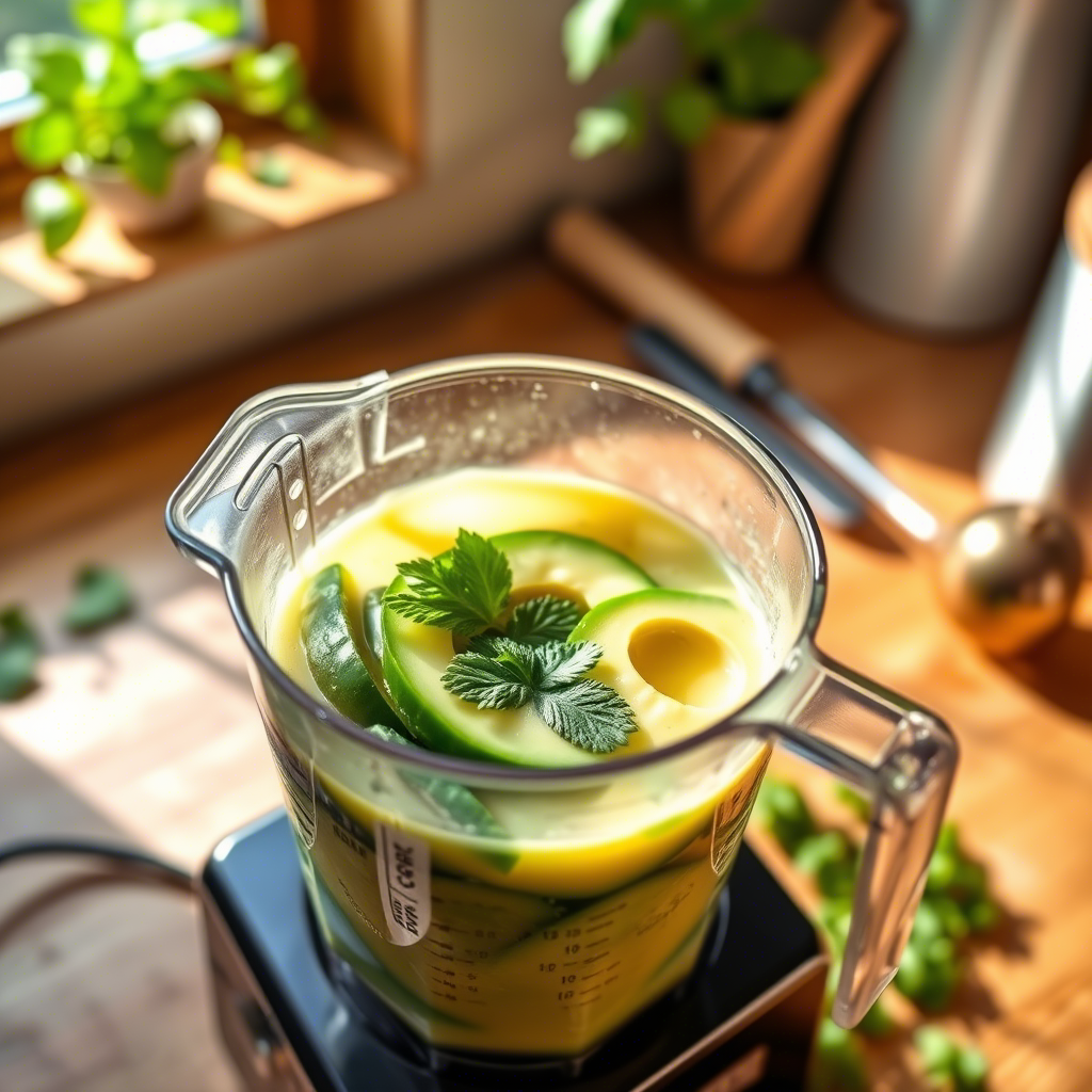 A blender filled with a vibrant green smoothie, featuring fresh cucumber slices and herbs, showcasing the use of local ingredients in anti-inflammatory cuisine.