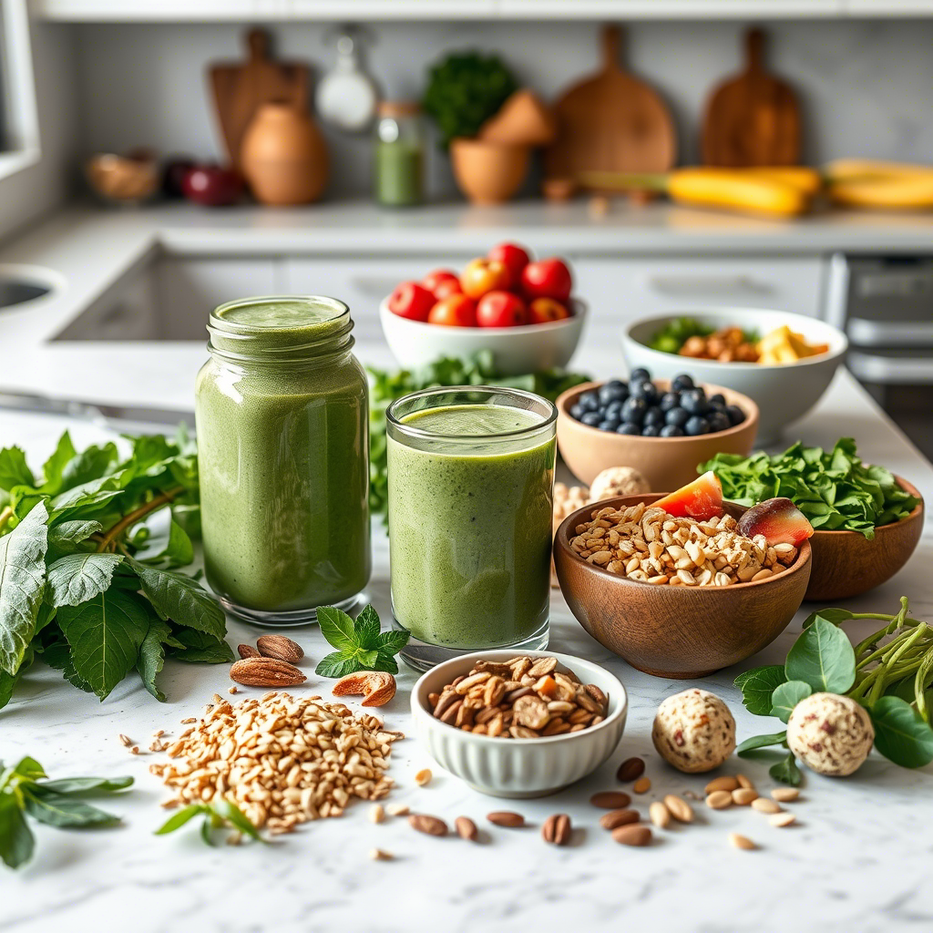 Two glasses of vibrant green Moringa Superfood Smoothie surrounded by fresh greens, nuts, seeds, and various healthy ingredients on a kitchen counter. Explore the benefits of Moringa Superfood Recipes for a nutritious start to your day.