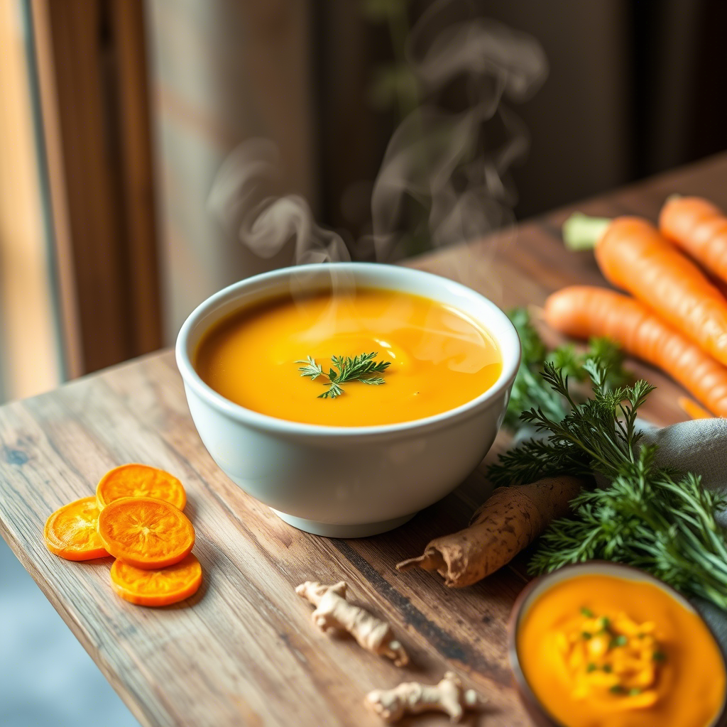 A steaming bowl of carrot and ginger soup garnished with fresh herbs, showcasing Anti-Inflammatory Cuisine with Local Ingredients.