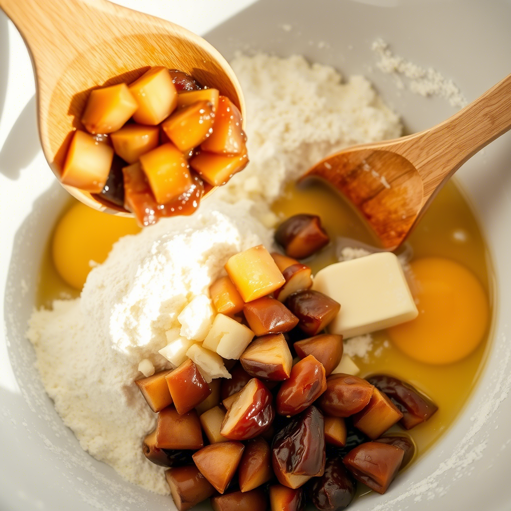 A close-up image of a mixing bowl with ingredients for baking, including chopped dates, flour, butter, and eggs, highlighting Dates as a Natural Sweetener in Baking.