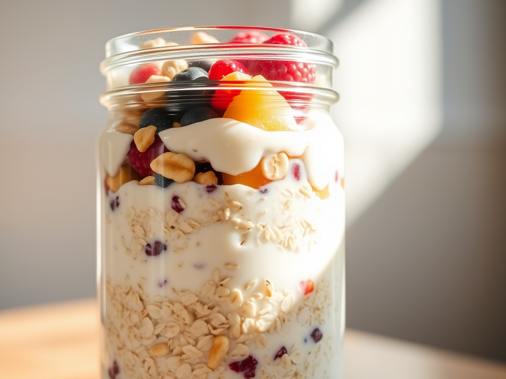  A jar filled with layers of oats, yogurt, mixed berries, and nuts, representing a healthy and convenient breakfast option. Healthy Recipes for Busy Mornings.