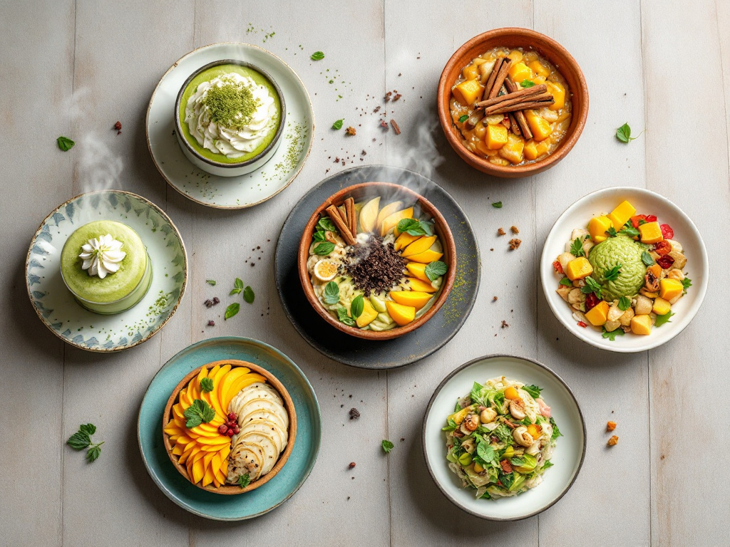 A vibrant collage showcasing seven healthy Tea-Based Recipes for Health, each presented in individual bowls or plates. The dishes feature a variety of colors and textures, with steam rising from some to indicate warmth. The background is neutral, allowing the dishes to stand out, and includes scattered tea leaves, herbs, and spices to emphasize the tea-based theme.