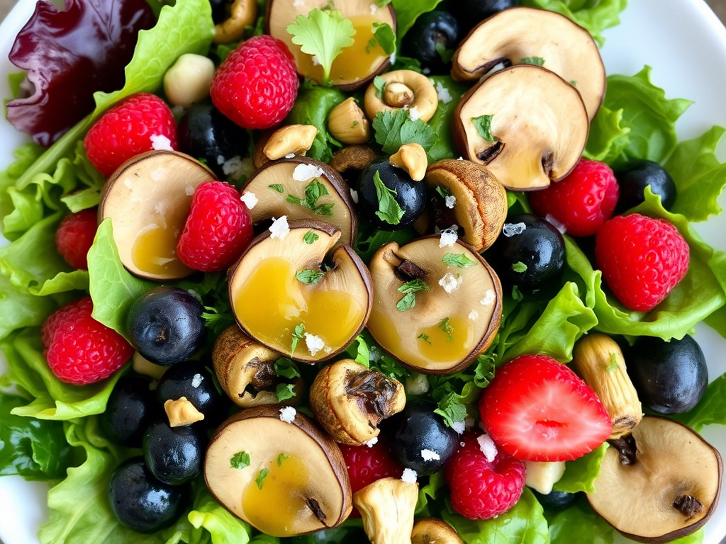 A vibrant salad featuring Foraged Wild Ingredient Recipes, including fresh mushrooms, berries, and greens, artfully arranged on a plate.