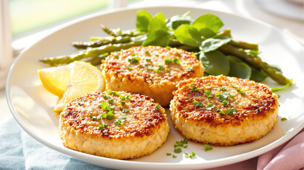 Plate of healthy canned salmon patties served with asparagus and lemon slices.