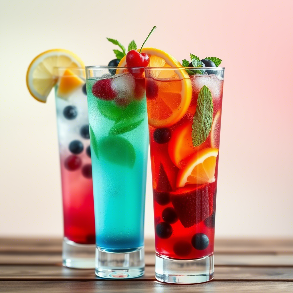 Three vibrant Relaxing Non-Alcoholic Cocktails garnished with fresh fruits and mint leaves.