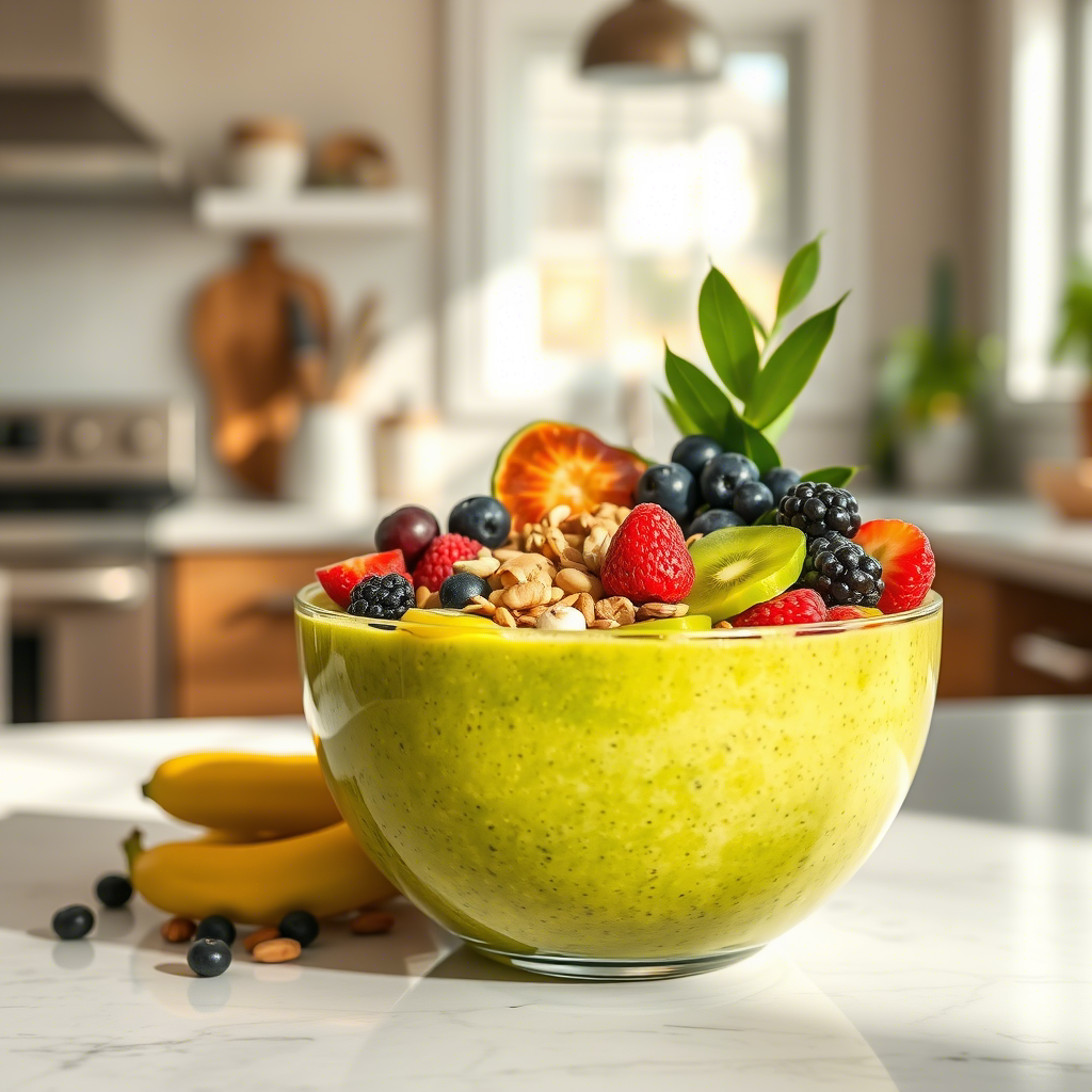 ### Alt Text A vibrant green Moringa Superfood Smoothie Bowl topped with fresh fruits, granola, and nuts, placed on a kitchen counter with bananas and blueberries scattered around. Discover the benefits of Moringa Superfood Recipes for a healthy and delicious start to your day.