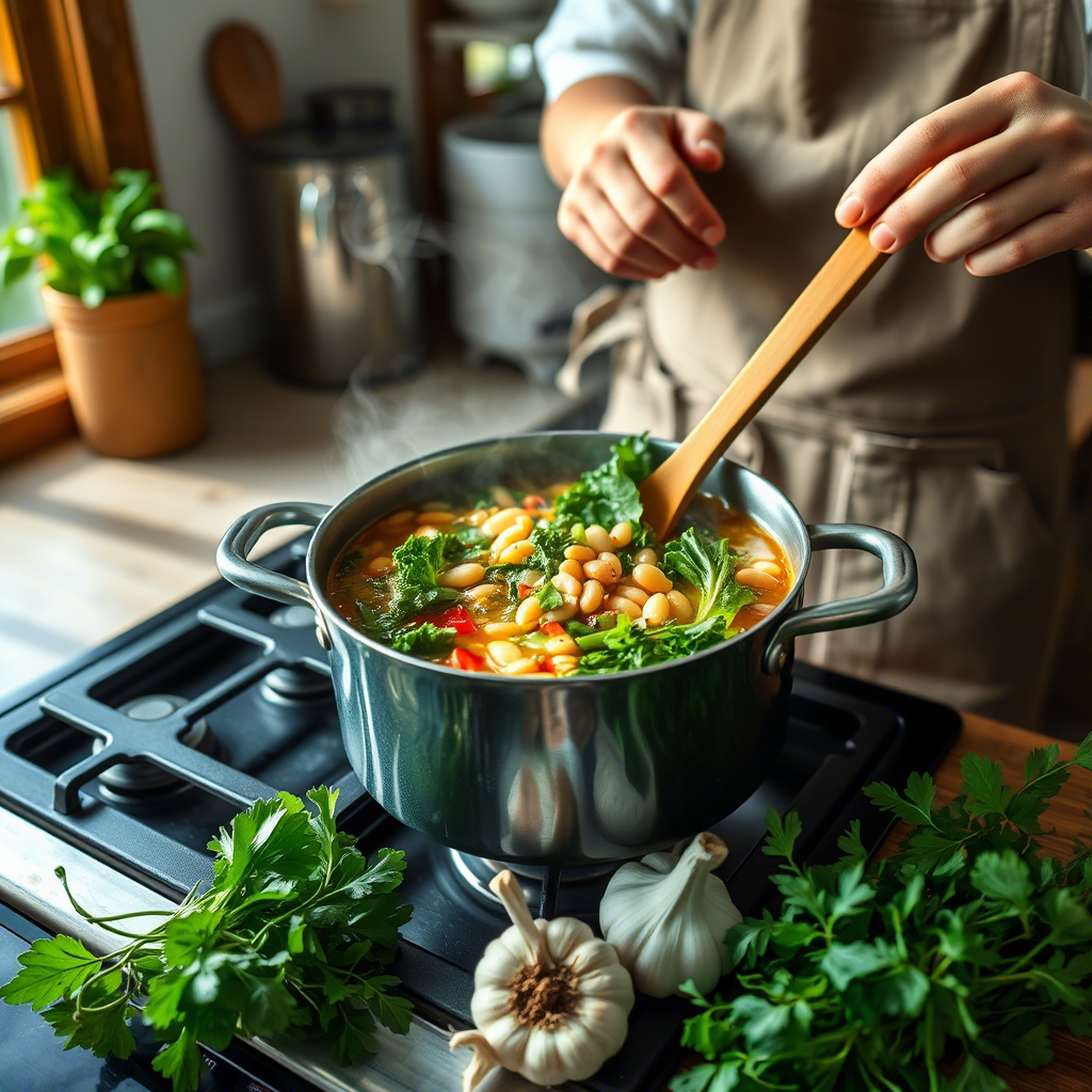 A person stirring a pot of hearty bean and vegetable soup on a stove, surrounded by fresh herbs and garlic, highlighting the use of local ingredients in anti-inflammatory cuisine.