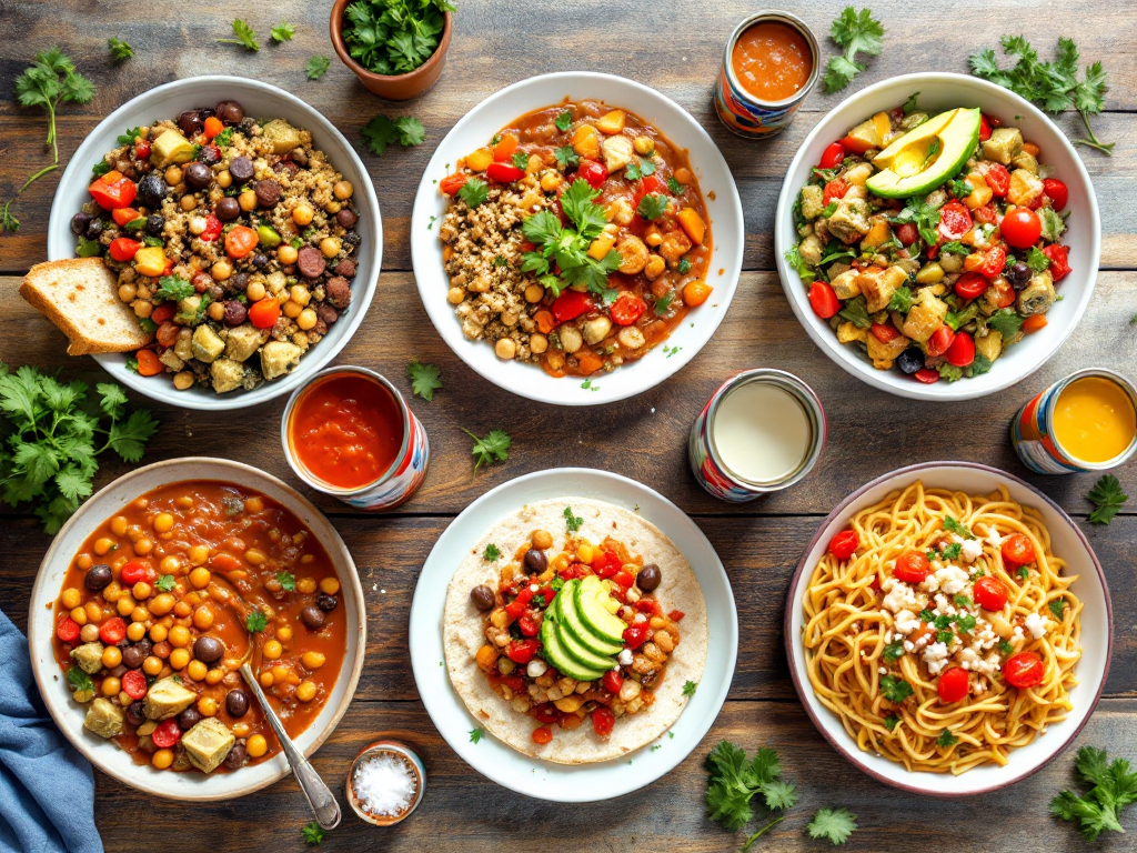 ### Alt Text A variety of healthy dishes prepared with canned foods, showcasing Healthy Recipes with Canned Foods, including quinoa salad, chickpea stew, vegetable wrap, and spaghetti with tomatoes and feta cheese, arranged on a rustic wooden table.