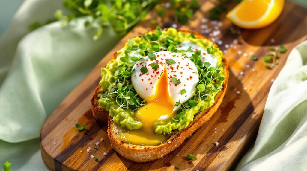 Healthy Recipes for Spring Detox: Avocado toast with a perfectly fried egg, garnished with fresh herbs and chili flakes.