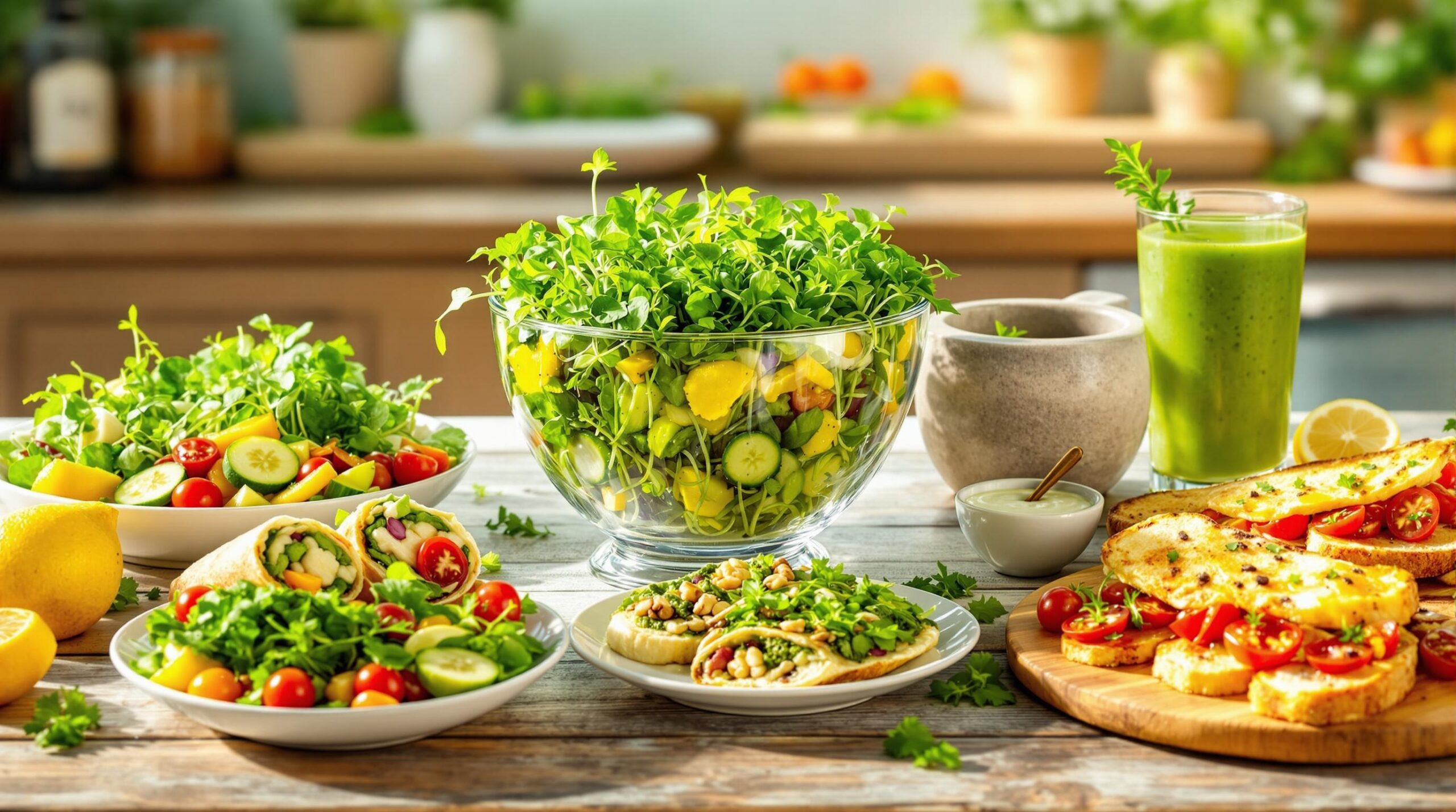 A vibrant spread of Healthy Recipes with Microgreens, including salads, wraps, sandwiches, and a green smoothie, arranged on a rustic wooden table.