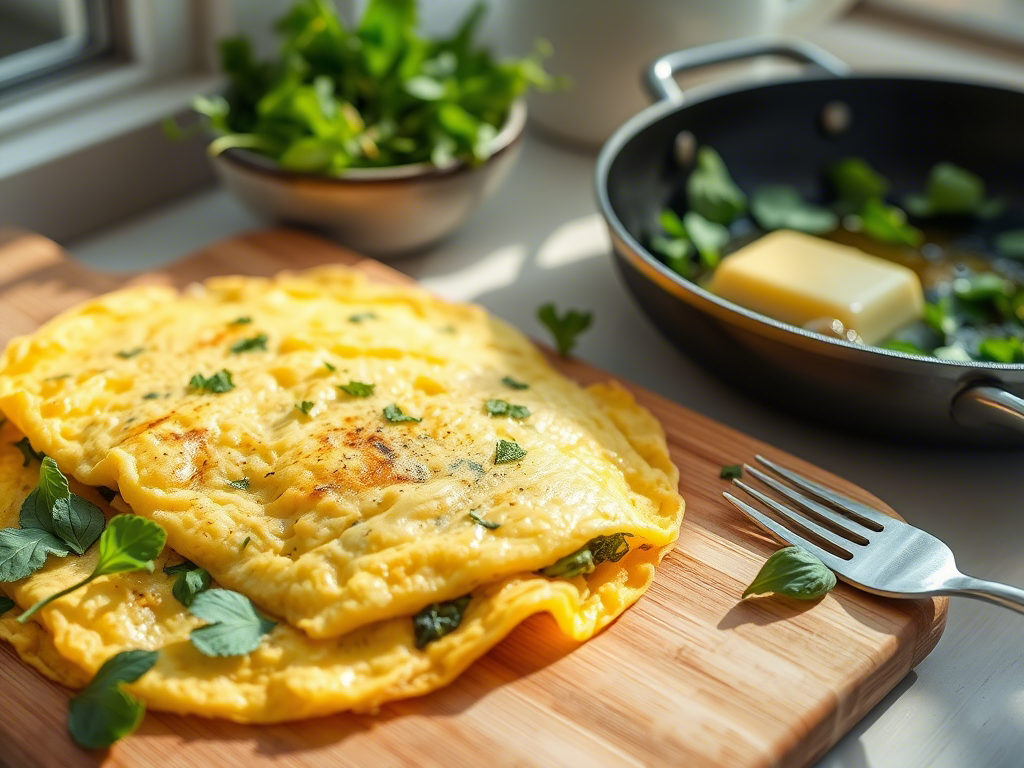 A golden omelette garnished with fresh herbs, served on a wooden cutting board with a side of sautéed greens and butter melting in a pan.