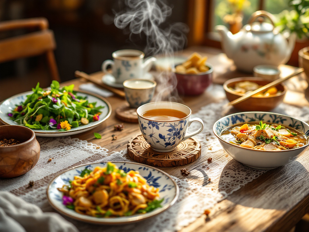  A visually appealing image featuring a variety of healthy Tea-Based Recipes for Health arranged on a rustic wooden table. The dishes include soups, salads, and main courses, all incorporating tea as a key ingredient. The table is adorned with tea leaves, herbs, and spices, with a steaming cup of tea in the center. The background is soft and inviting, with natural light highlighting the freshness of the ingredients.