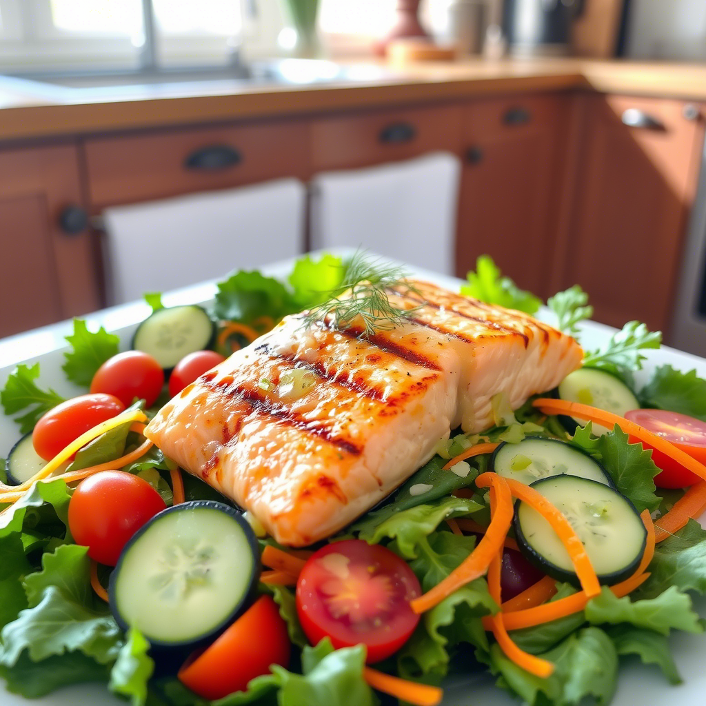 A plate of grilled salmon on a bed of mixed greens, cucumbers, tomatoes, and carrots.