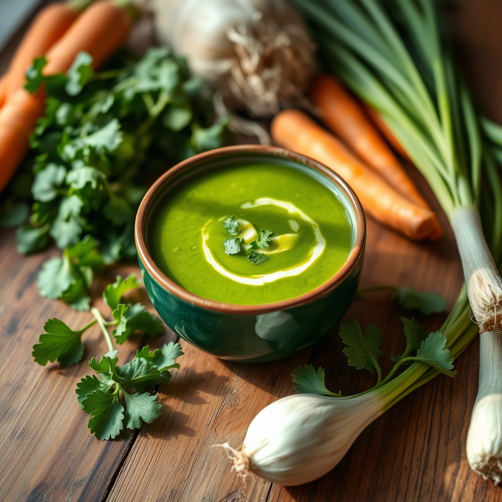 A vibrant green soup garnished with fresh herbs and surrounded by locally sourced vegetables, highlighting Anti-Inflammatory Cuisine with Local Ingredients.