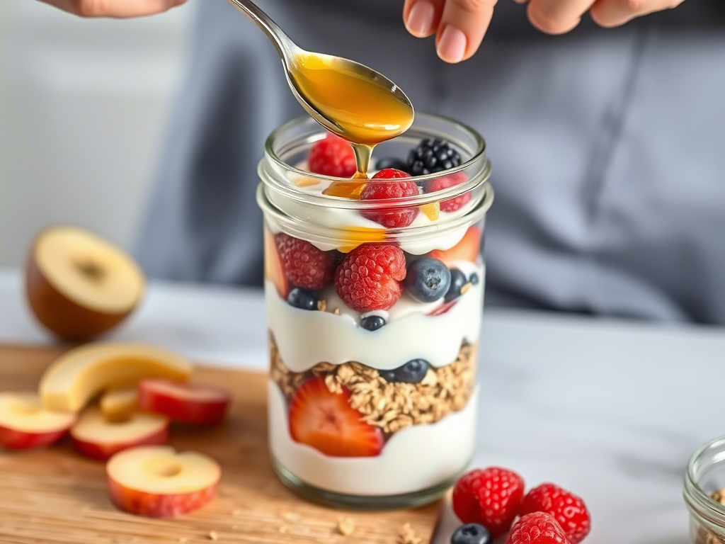 A jar filled with layers of yogurt, granola, and mixed berries, topped with a drizzle of honey, showcasing a healthy and convenient breakfast option. Healthy Recipes for Busy Mornings.