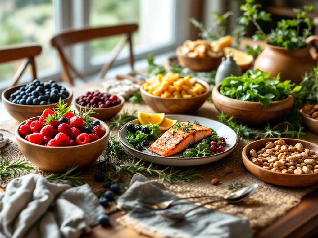 A beautifully arranged table featuring a variety of dishes from the Recipes for Cognitive Health collection, showcasing vibrant colors and brain-boosting ingredients like berries, salmon, leafy greens, and nuts.