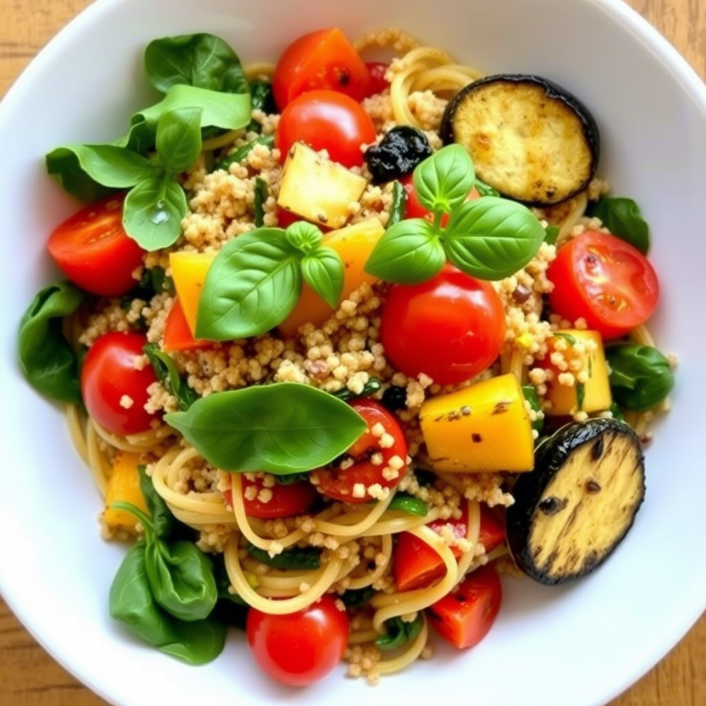 A bowl of quinoa pasta with grilled vegetables, cherry tomatoes, and fresh basil, showcasing one of the many Alternative Pasta Recipes available.