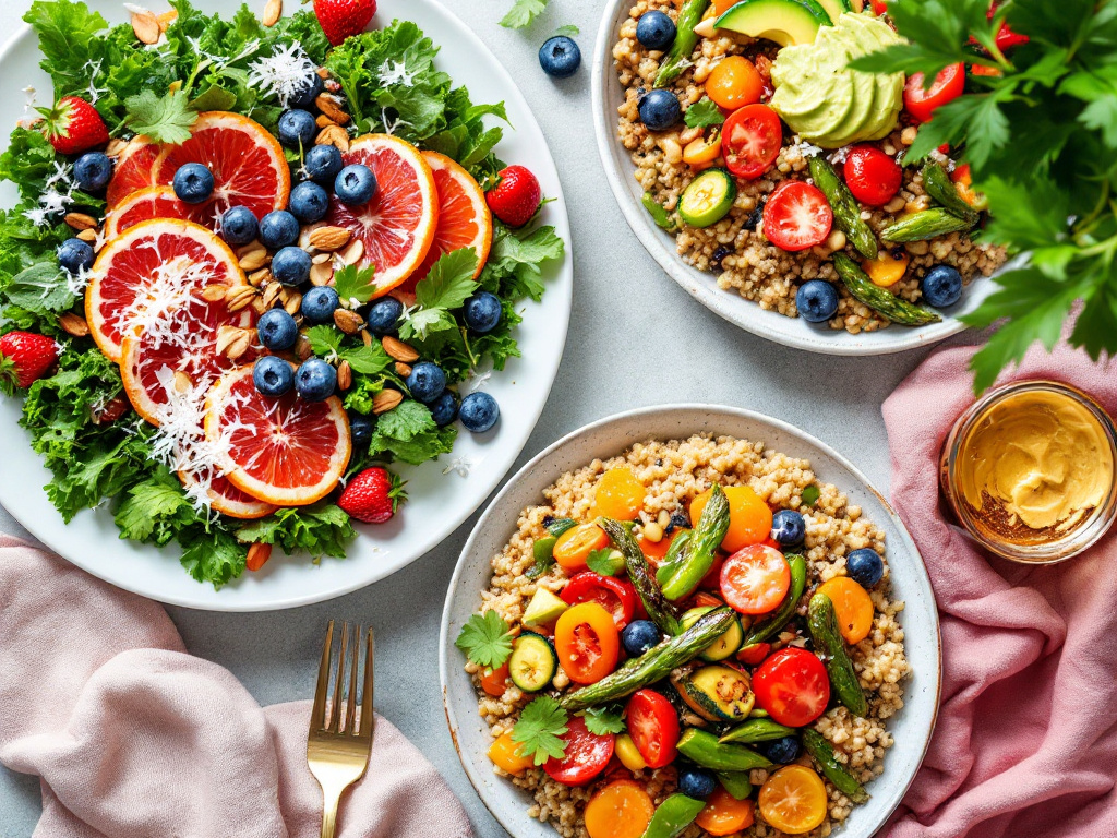 Three Healthy Recipes for Spring Detox lunch meals featuring leafy greens, vibrant fruits, and wholesome grains.