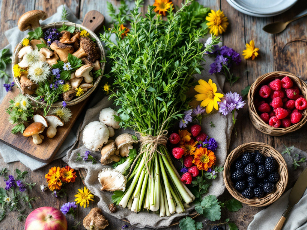 A vibrant image showcasing a variety of Foraged Wild Ingredient Recipes such as mushrooms, berries, greens, and nuts, beautifully arranged on a rustic wooden table.