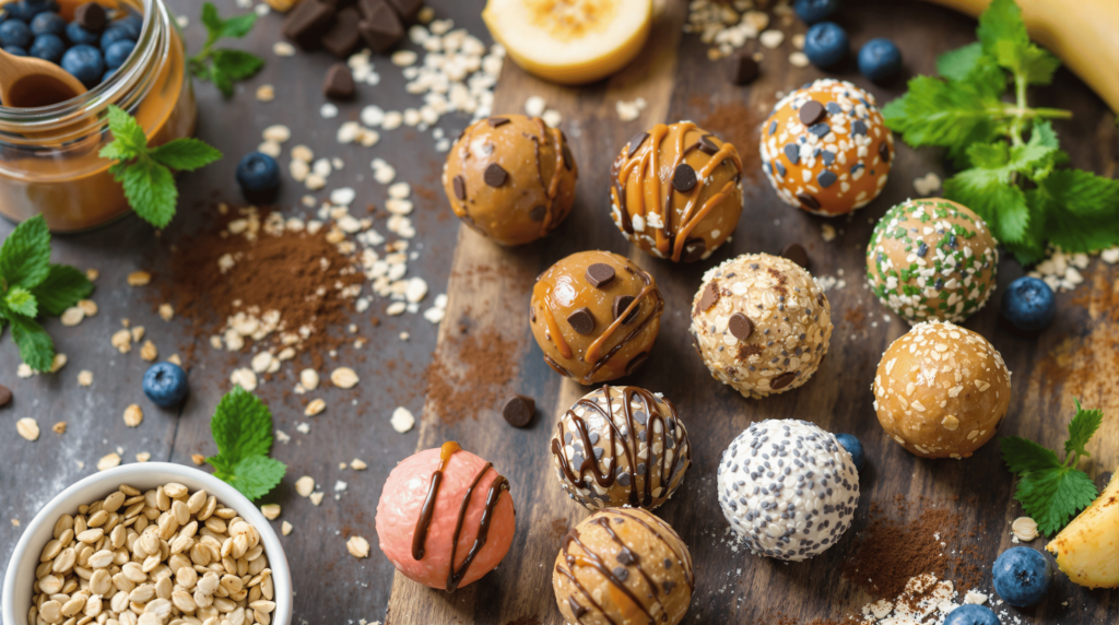 A variety of healthy energy balls made with nuts, seeds, and chocolate, perfect for stress relief. Discover these Healthy Recipes for Stress Relief to nourish your mind and body.