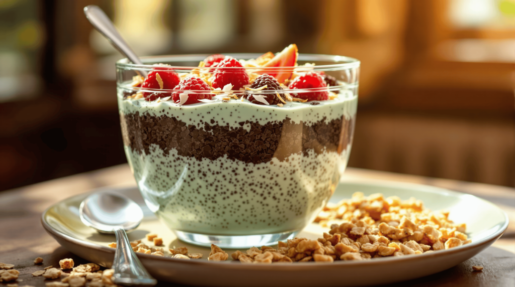 A layered chia seed pudding with fresh fruits and granola, perfect for stress relief. Explore this Healthy Recipe for Stress Relief to nourish your mind and body.