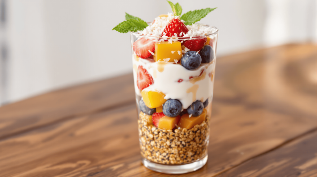 A layered fruit and yogurt parfait with granola, perfect for stress relief. Try this Healthy Recipe for Stress Relief to nourish your mind and body.