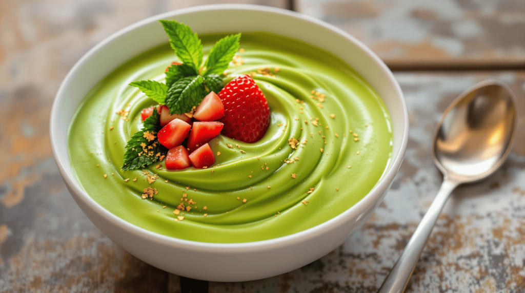 A green smoothie bowl topped with fresh strawberries and mint, perfect for stress relief. Explore this Healthy Recipe for Stress Relief to nourish your mind and body.