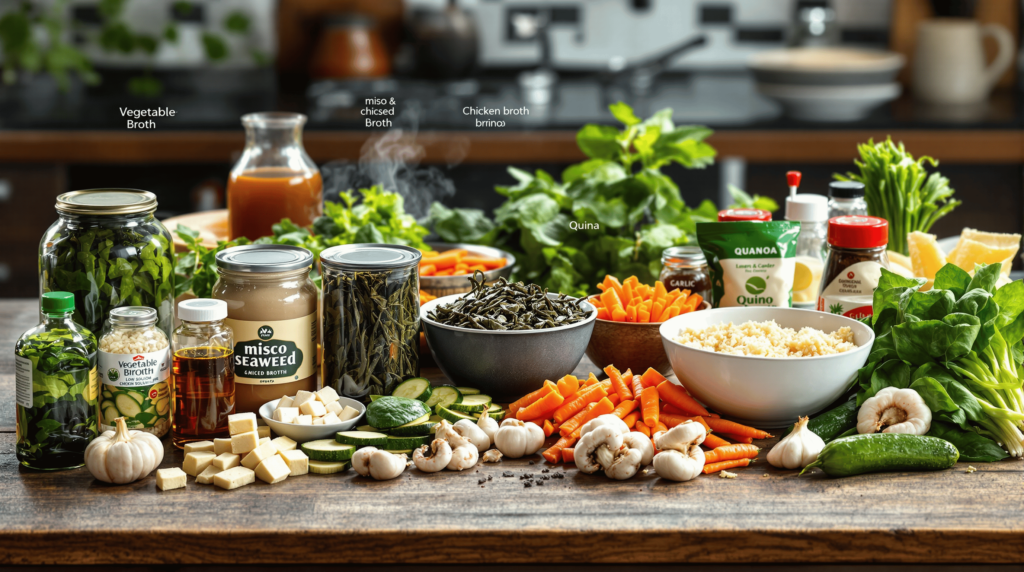 A collection of essential ingredients for Healthy Recipes with Canned Seaweed, including canned seaweed, broths, vegetables, tofu, quinoa, and seasonings, all arranged neatly on a wooden table.