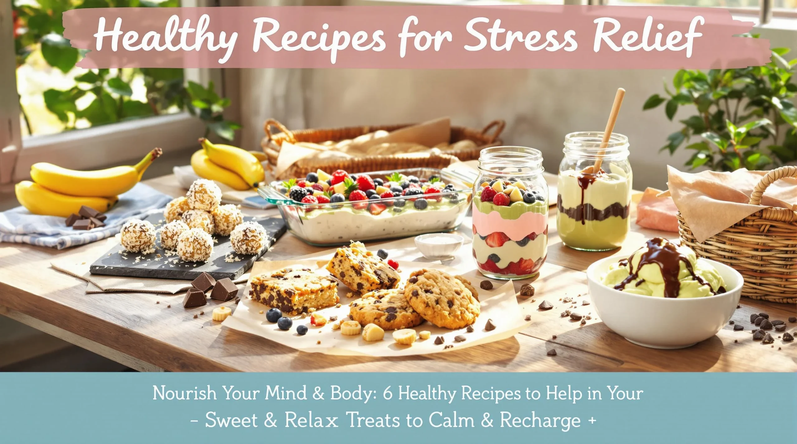 A table filled with healthy treats including fruits, nuts, and herbal teas, with the text "Healthy Recipes for Stress Relief" prominently displayed at the top.