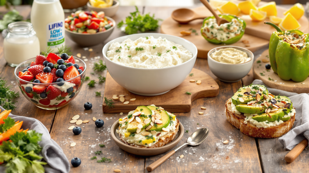 A bowl of Low Lactose Cottage Cheese Recipes with fresh herbs and a spoon, surrounded by ingredients like milk and a blender, with a recipe book open nearby.