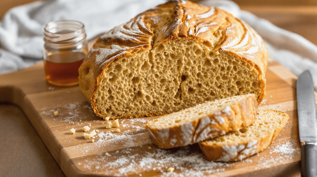 Recipes with Alternative Sourdough: freshly baked millet sourdough bread with pale yellow crumb and crisp golden crust